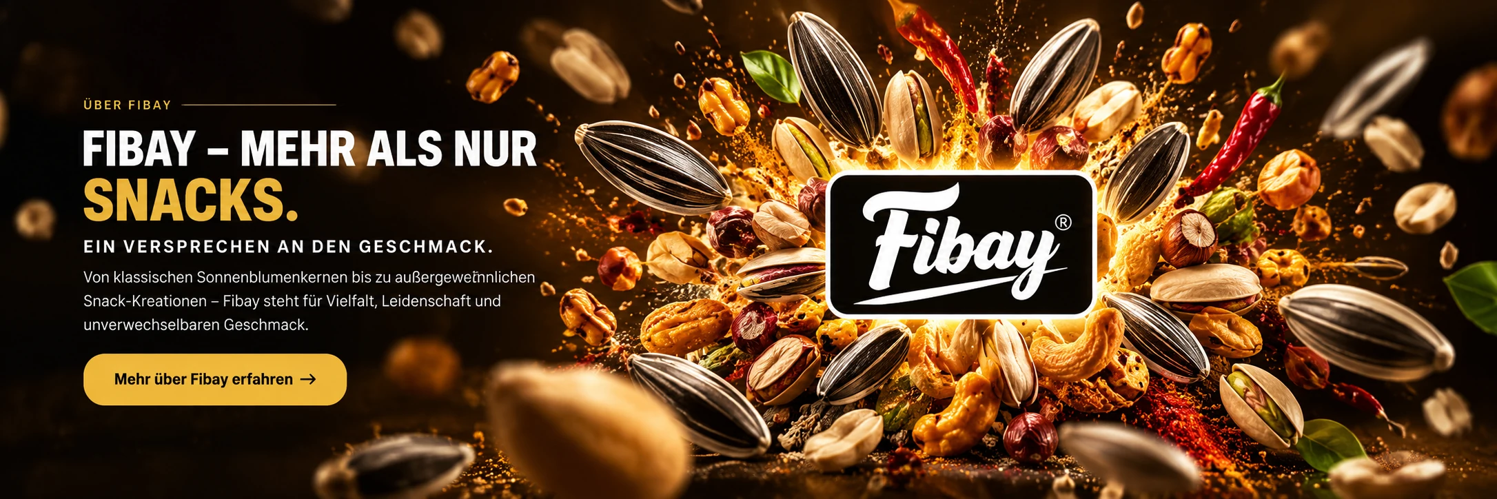 Original Fibay Logo umgeben von einer Explosion aus Sonnenblumenkernen, Nüssen und Snacks